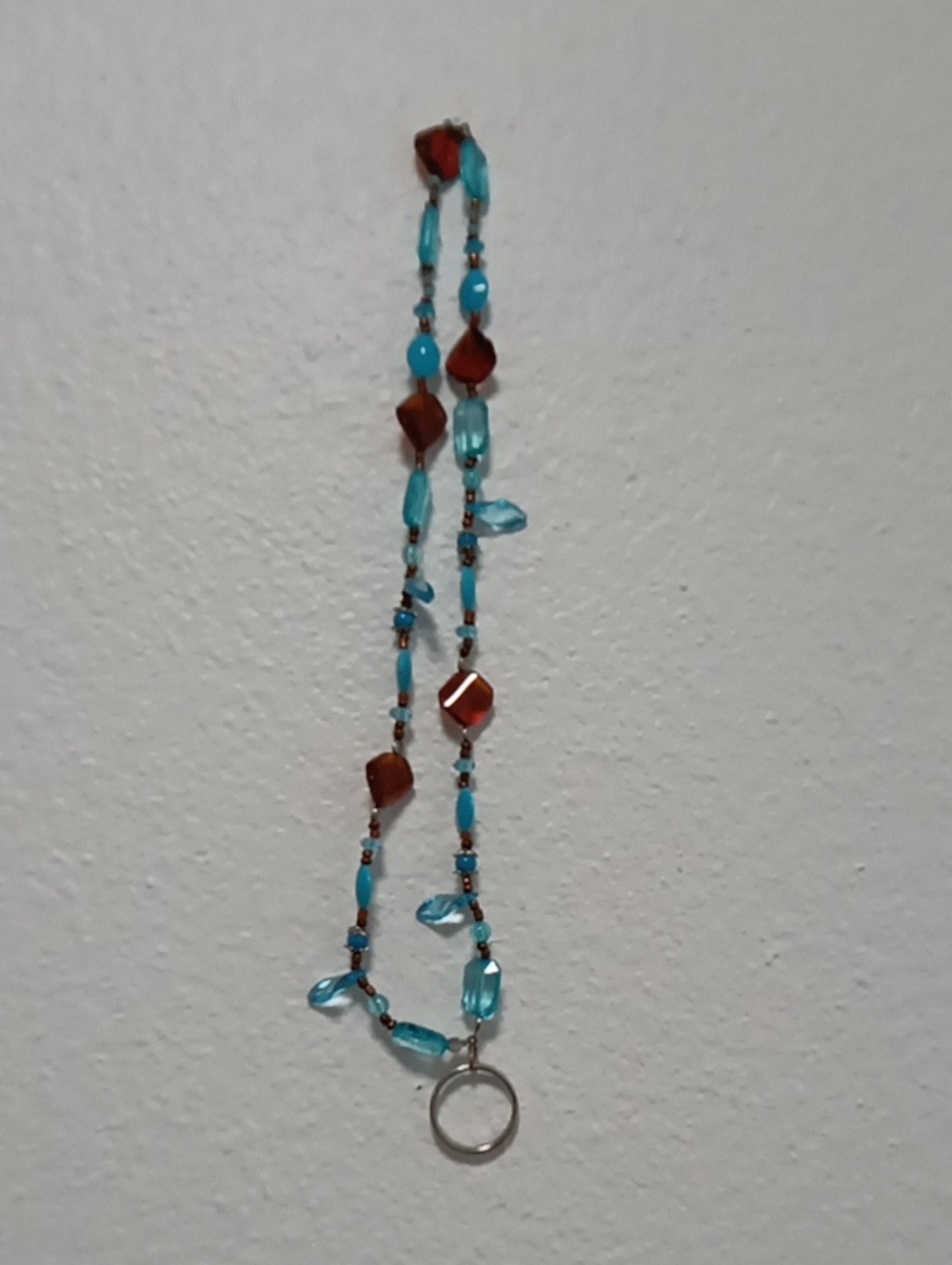 Turquoise & Amber Glass Bead Necklace with Silver Ring Lanyard Hand Made